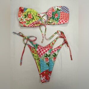 Set Patchwork Floral Tie-Side Bikini — Multicolor